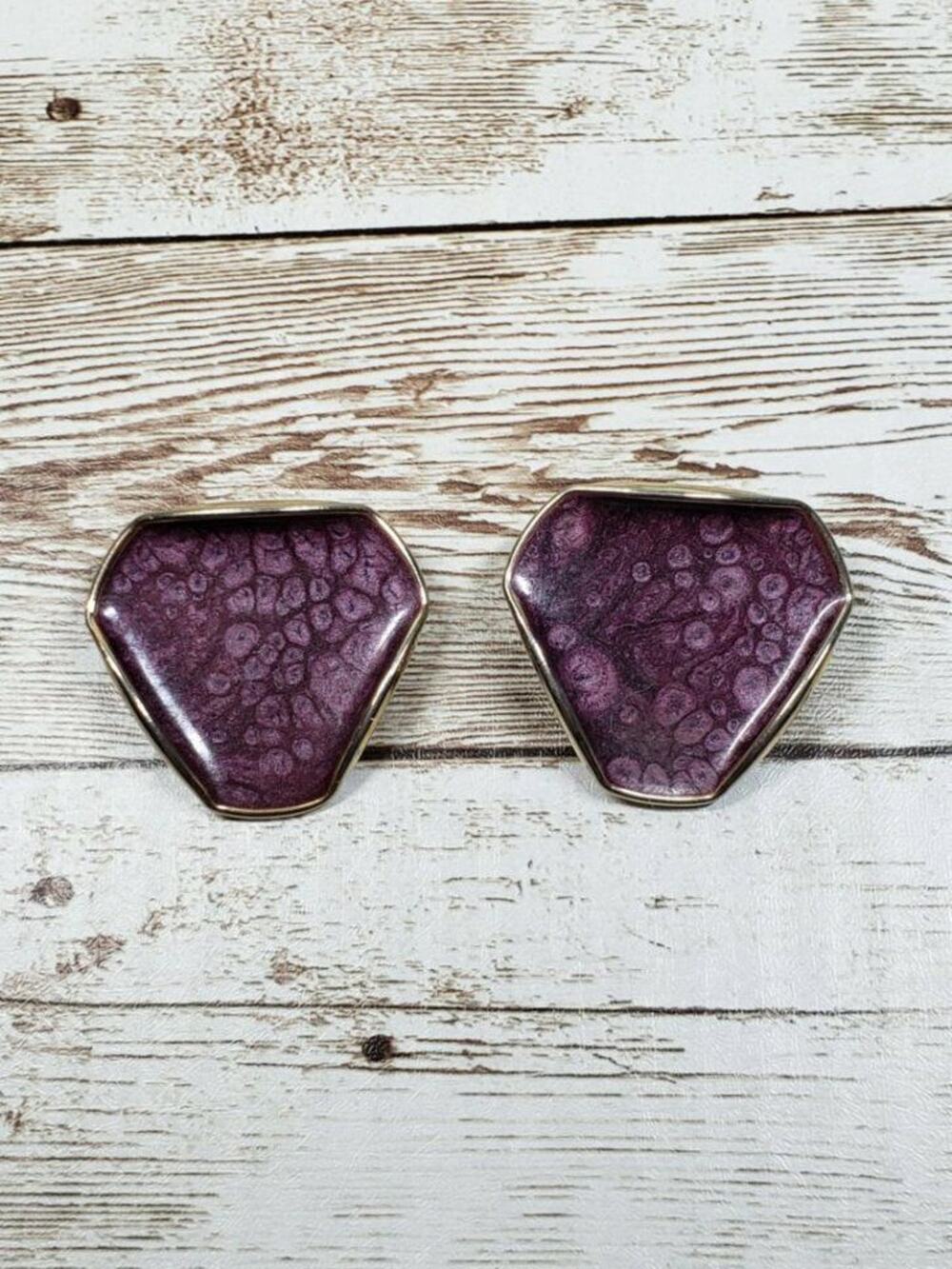 Vintage Clip On Earrings - Unusual Purple Folded Triangle Design Statement